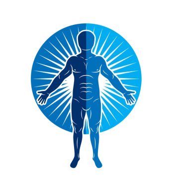 Güçlü bir erkeğin vektör grafik çizimi, vücut silueti yıldız patlaması arka planında duruyor. Evrenin eşsiz yaratılışı gibi insan..