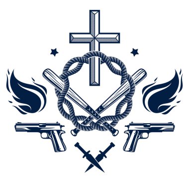Kriminal gangster amblemi veya logosu ölümü, silahları ve farklı tasarım unsurlarını sembolize ediyor, vektör stili dövmesi, isyancı partizan ve devrimci.