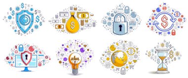 Farklı işletme parası ve finans kavramları vektör illüstrasyonları seti, modaya uygun tasarım çizimleri ticari tema koleksiyonu, birçok simge ve sembol dahil olmak üzere ayrı olarak kullanılabilir, elementler ayrı olarak kullanılabilir.
