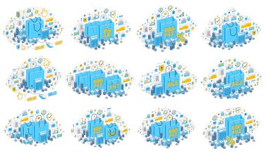 Mağaza perakende satış vektörü 3D illüstrasyonlar beyaz arka planda izole edilmiş, alışveriş çantaları ve diğer unsurlar, mağaza indirimi, Kara Cuma konsepti, tasfiye.