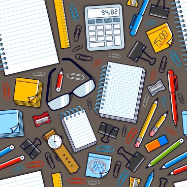 Çalışma masası üst görünümü bir çok farklı kırtasiye elemanı ile dikişsiz vektör duvar kağıdı, iş temalı resim çeşitlilik nesneleri resimleriyle.