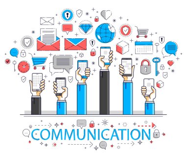 İnternet iletişimi ve etkinliği, insanların el ele tutuşmaları ve uygulamaları kullanmaları, küresel ağ, modern iletişim, kurye veya sosyal medya kavramı, vektör tasarımı.