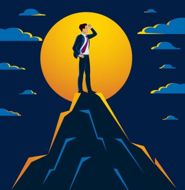 İş adamı, dağ ticareti konsepti vektör ilülasyonunun zirvesinde duran fırsatlar arıyor. Başarılı genç ve yakışıklı iş adamı, yeni bakış açıları arıyor..