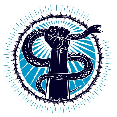 El yılanı sıkar, kötülüğe karşı savaşır, karanlık tarafını kontrol eder, iç çatışma, arketip gölge, hayat bir dövüş konseptidir, klasik vektör logosu veya dövmedir..