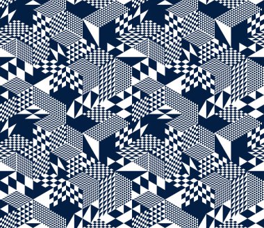 Kusursuz küp vektör arkaplanı, eşkenar dörtgen ve üçgen kutular tekrar eden fayans deseni, 3 boyutlu mimari ve yapı, geometrik tasarım.