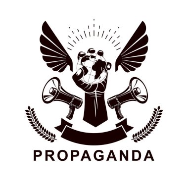 Hoparlör ekipmanlarıyla oluşturulmuş pazarlama posteri ve yükseltilmiş kol tutma küresi, vektör illüstrasyonu. Siyasi ve sosyal nüfuz aracı olarak küresel otorite