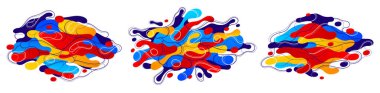 Hareket vektörü soyut grafik tasarım elementlerinde akışkan sıvı şekiller seti, dinamik modern sanat akışı ve değişen formlar, gradyan lav baloncukları koleksiyonu.
