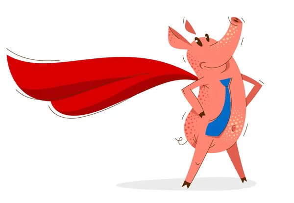 Funny Cartoon Businessman Pig Wearing Tie Stands Confident Superhero Business — Stock Vector