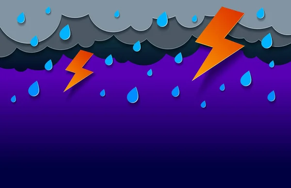 Tormenta Con Relámpagos Caídas Agua Vector Moderno Estilo Papel Corte — Vector de stock