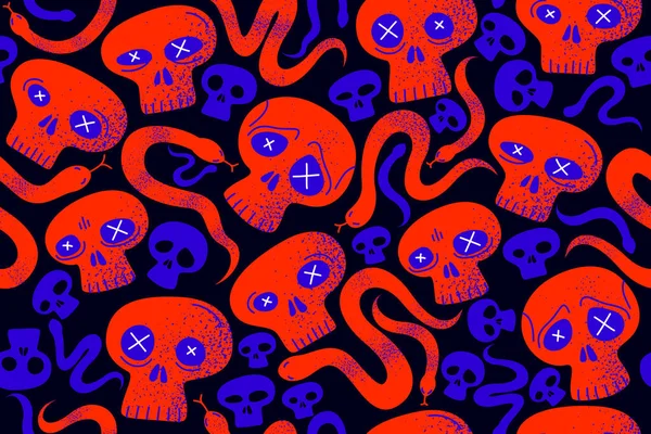 Skulls Snakes Seamless Textile Pattern Horror Sculls Serpents Endless Wallpaper — Stock Vector