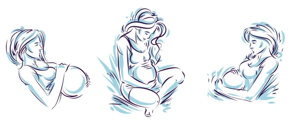 Schwangerschaft Und Mutterschaft Thema Vektor Illustrationen Setzen Schwangere Frau Zeichnungen — Stockvektor