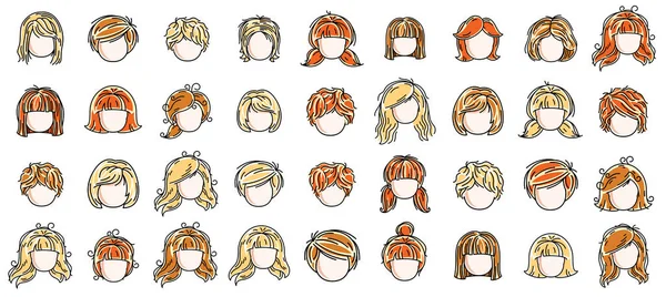 Woman Hairstyles Heads Vector Illustrations Set Isolated White Background Girl — Stock Vector