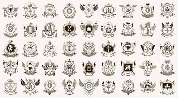 Heraldic Coat Arms Vektor Nagy Készlet Vintage Antik Heraldikai Jelvények — Stock Vector
