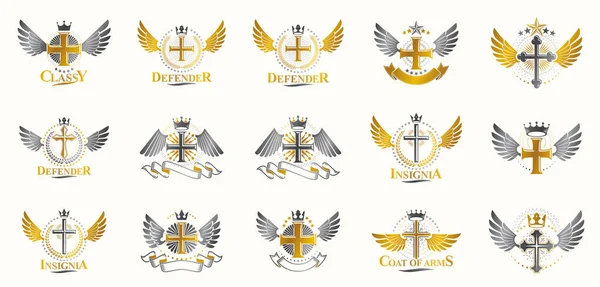 Çapraz sırlar, amblemler, vektör amblemleri büyük set, Hristiyan dini Heraldik tasarım unsurları koleksiyonu, klasik tarz herallik sembolleri, antika tasarımlar..