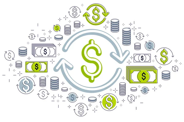 Dolar işareti ve döngü oku, para değişimi, yatırım, sigorta konsepti, geri ödeme, borsa, yeniden finanse, vektör tasarımı.