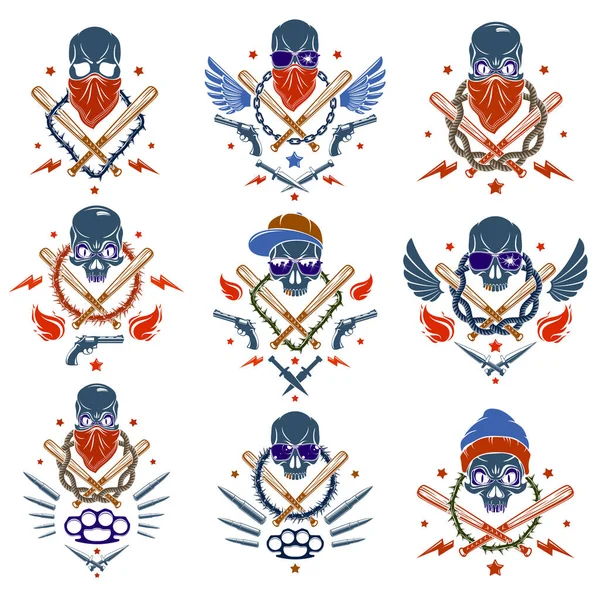 Эмблема Гангстера Логотип Татуировка Агрессивными Бейсбольными Битами Черепа Других Видов — стоковый вектор