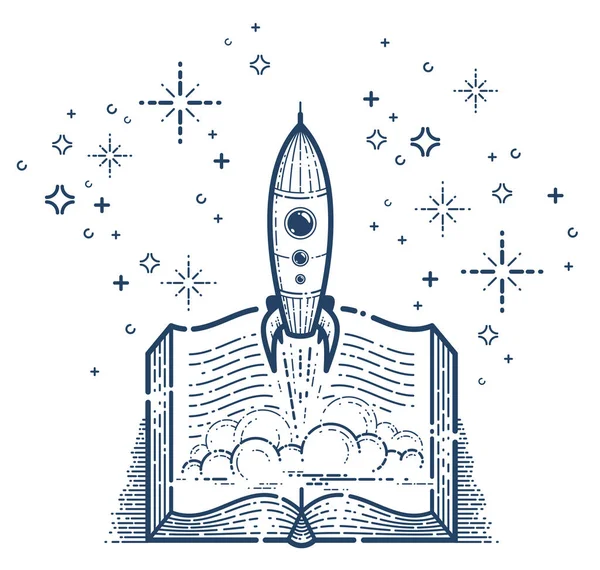 ロケットベクトル線形アイコンを起動して本を開くと ミサイルはテキストから起動し 宇宙科学文献図書館読書ラインアートイラスト — ストックベクタ