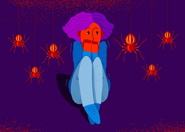 クモのイラストのArachnophobia恐怖 パニック発作で怖がっているクモに囲まれた女の子 心理学精神衛生の概念 — ストックベクタ