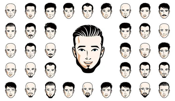 Przystojni Mężczyźni Twarze Fryzury Głowy Wektor Ilustracje Zestaw Odizolowany Białym — Wektor stockowy
