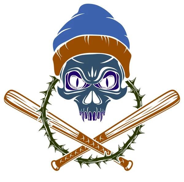 Gangster Emblema Logotipo Tatuagem Com Agressivo Crânio Baseball Bastões Elementos — Vetor de Stock