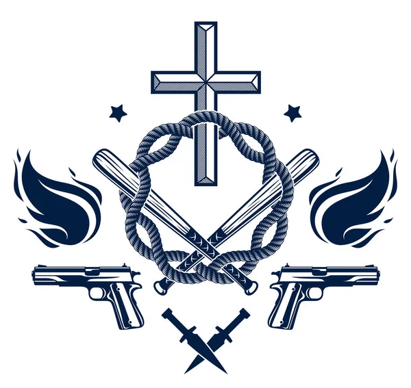 犯罪团伙的戏剧标志或标志 带有基督十字象征死亡 武器和不同的设计元素 矢量复古风格纹身 叛军暴徒党派和革命者 — 图库矢量图片
