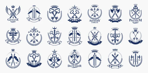 Logos Emblèmes Vectoriels Armes Anciennes Éléments Conception Héraldique Grand Ensemble — Image vectorielle
