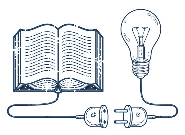 Open Boek Met Idee Gloeilamp Kabel Plug Vector Lineaire Pictogram — Stockvector