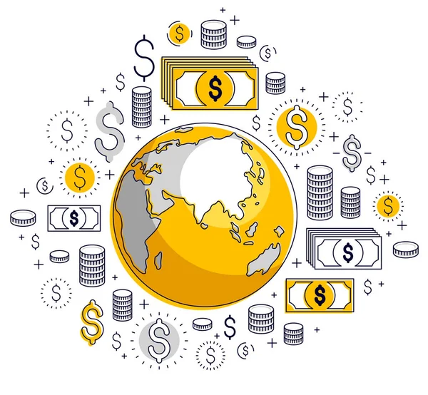 Globální Obchodní Koncept Planeta Země Dolarovými Ikonami Mezinárodní Ekonomika Směnárna — Stockový vektor