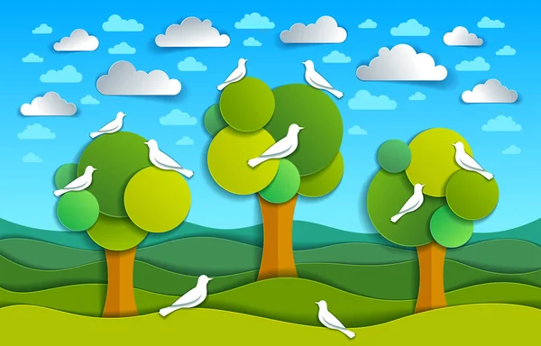 Tres Árboles Con Aves Campo Paisaje Naturaleza Paisaje Dibujos Animados — Archivo Imágenes Vectoriales