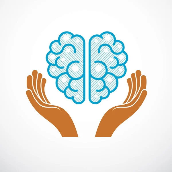Cervello Anatomico Umano Con Tenera Difesa Delle Mani Cura Illustrazione — Vettoriale Stock