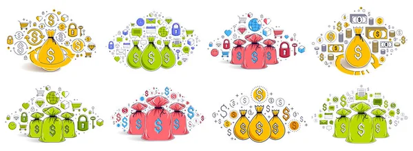 Moneybag Vetorial Ilustrações Conjunto Com Monte Diferentes Sinais Símbolos Finanças — Vetor de Stock