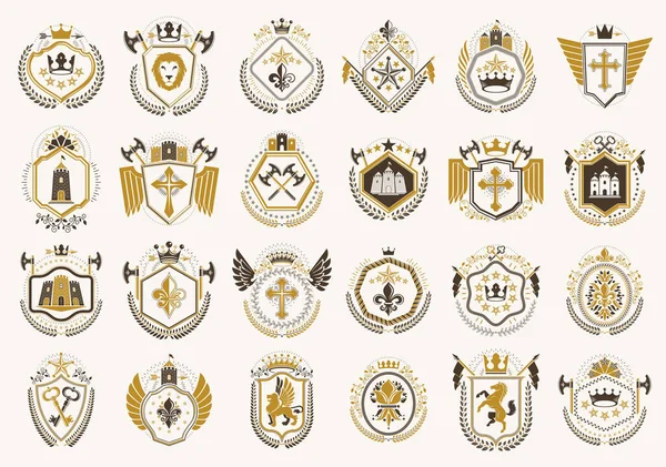 Klassieke Stijl Emblemen Grote Set Oude Heraldische Symbolen Awards Labels — Stockvector