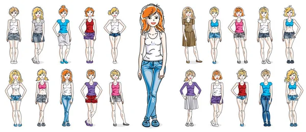 Femmes Vêtements Décontractés Illustrations Vectorielles Isolées Sur Fond Blanc Grand — Image vectorielle