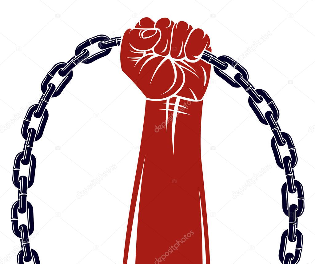 Strong hand clenched fist fighting for freedom against chain slavery theme illustration, vector logo or tattoo, getting free, struggle for liberty.