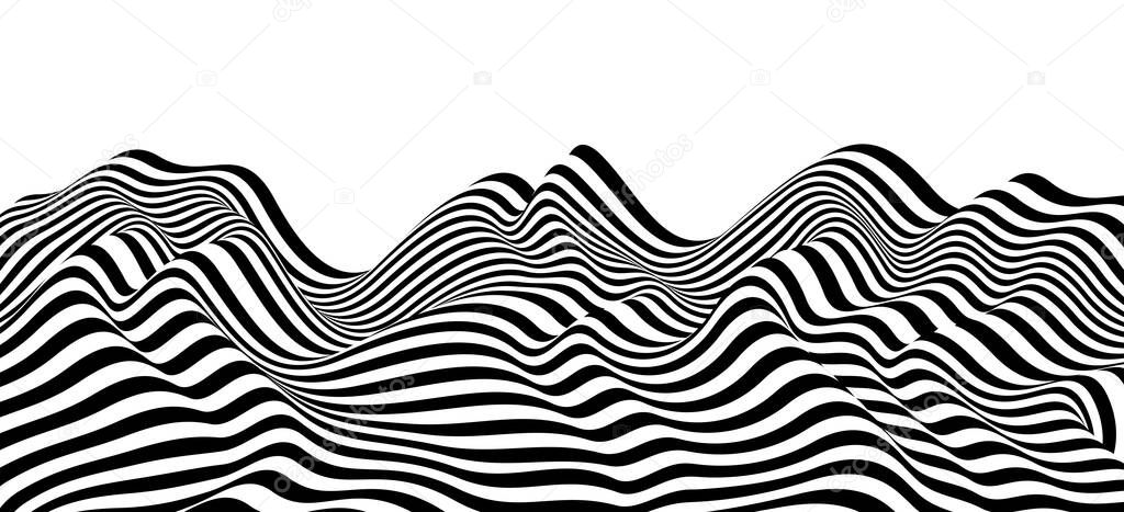 3D black and white lines in perspective abstract vector background, linear perspective terrain pattern op art.