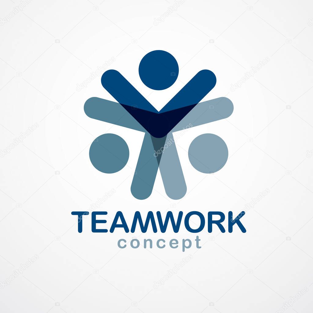 Teamwork and friendship concept created with simple geometric elements as a people crew. Vector icon or logo. Unity and collaboration idea, dream team of business people blue design.