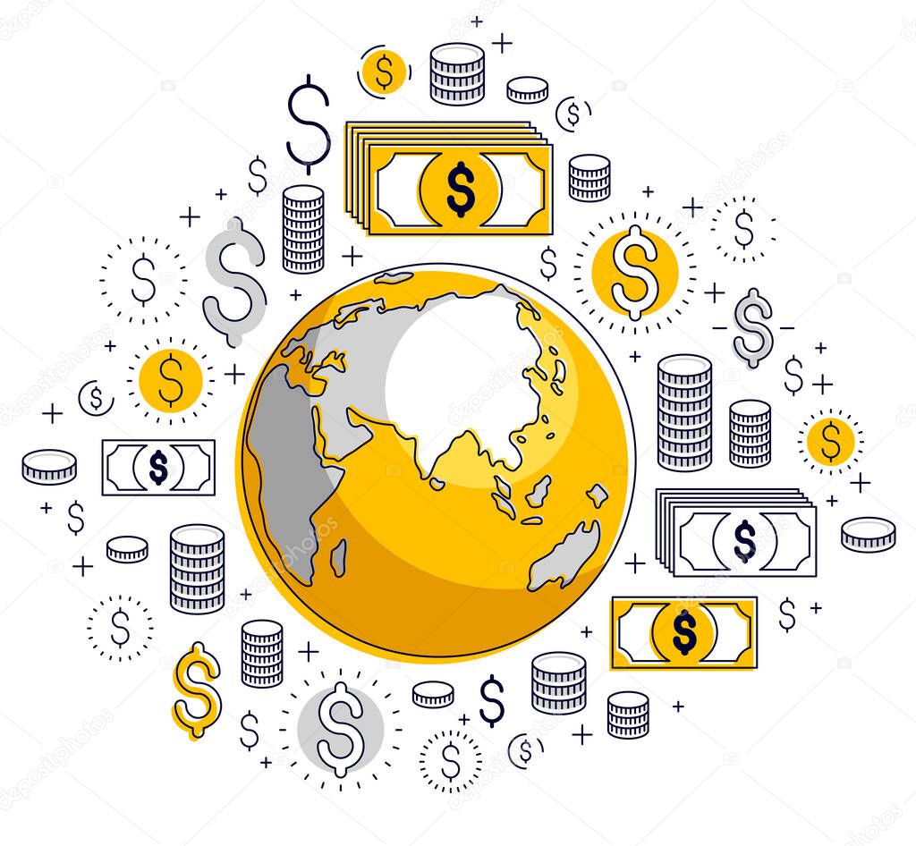 Global business concept, planet earth with dollar icons set, international economy, currency exchange, internet global network connection, vector, elements can be used separately.