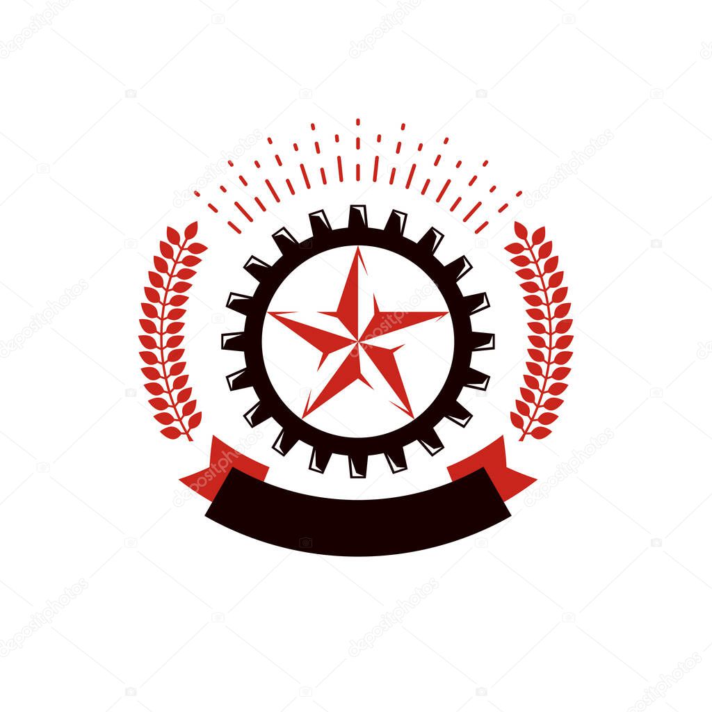 Vector star logo composed using laurel wreath and surrounded by industry gearwheel. Empire of evil, dictatorship and manipulation theme