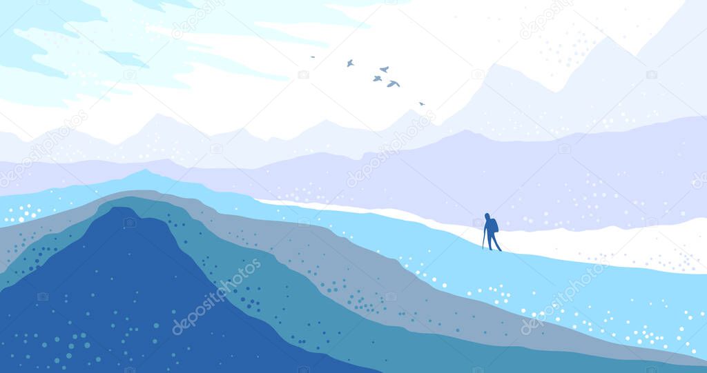 Beautiful scenic nature landscape with traveler pilgrim vector illustration winter season with grasslands meadows hills and mountains, snow and cold hiking traveling trip to the countryside concept.