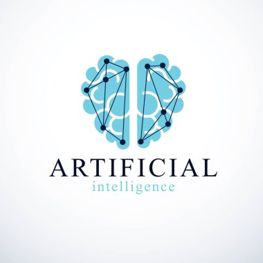 Yapay zeka konsept vektör logosu tasarımı. Elektronik teknoloji elementleri ikonu olan insan anatomik beyni. Akıllı yazılım, akıllı makineler ve bilgisayar programları hakkındaki fütüristik fikir.