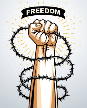 Kölelik temalı illüstrasyon, dikenli dikenlere, vektör logosuna ya da dövmeye karşı özgürlük için dikenli yumrukla savaşırken dikenlerden yıldızlara kadar uzanıyor..