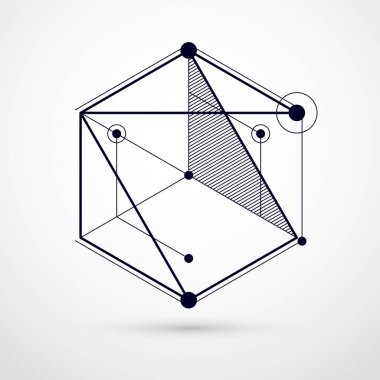 Fütürist tarzda siyah ve beyaz şablon bileşiminde soyut vektör geometrik üç boyutlu elementler. Teknik plan web tasarımında ve duvar kağıdı veya arkaplan olarak kullanılabilir.