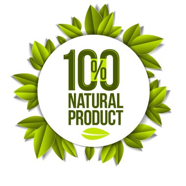 Organic food, natural product badge, 100 percent natural design element, organic products promotion, vector design made in paper cut realistic style. clipart