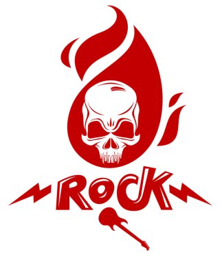 Alevli bir Hard Rock müzik grubu logosu ya da amblemi olan Skull, Fire Rock 'n Roll etiketli agresif kurukafa, Punk festivali konseri ya da kulüp, müzik aletleri dükkanı ya da kayıt stüdyosu.
