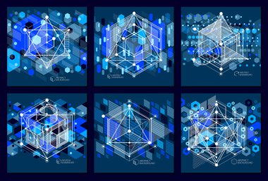 Broşürler için şablon 3D koyu mavi tasarım seti, el ilanı, poster, reklam, kapak, vektör soyut modern fon. Küpler, altıgenler, kareler, dikdörtgenler ve diğer elementlerin bileşimi.