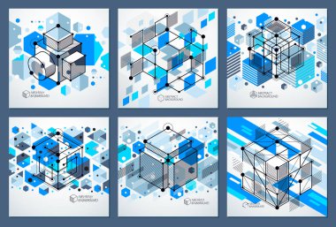 Modern soyut kübik kafes çizgilerinin vektörü mavi arka plan seti. Küpler, altıgenler, kareler, dikdörtgenler ve farklı soyut elementlerin yerleşimi. Soyut teknik 3B arkaplan.