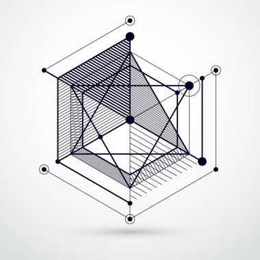 Teknolojik siyah beyaz vektör 3D duvar kağıdı. Küp ve çizgilerden yapılmış. Mühendislik sisteminin tasviri, soyut teknolojik zemin. Soyut teknik arkaplan.