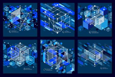 Teknolojik koyu mavi vektör 3D duvar kağıtları küpler ve çizgilerle oluşturuldu. Mühendislik sisteminin tasviri, soyut teknolojik zemin. Soyut teknik arkaplan.