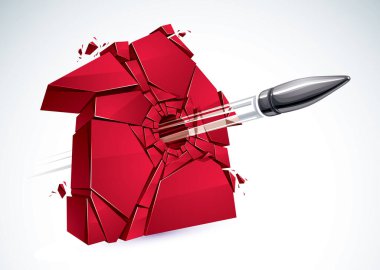 Kırık ev kavramı, kurşun yarasıyla parçalanmış ev, vektör gerçekçi üç boyutlu illüstrasyon..