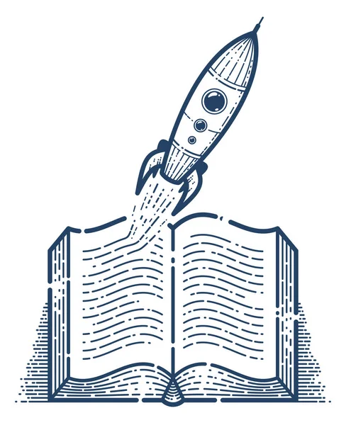 Open Book Launching Rocket Vector Linear Icon Missile Start Text — Stock Vector